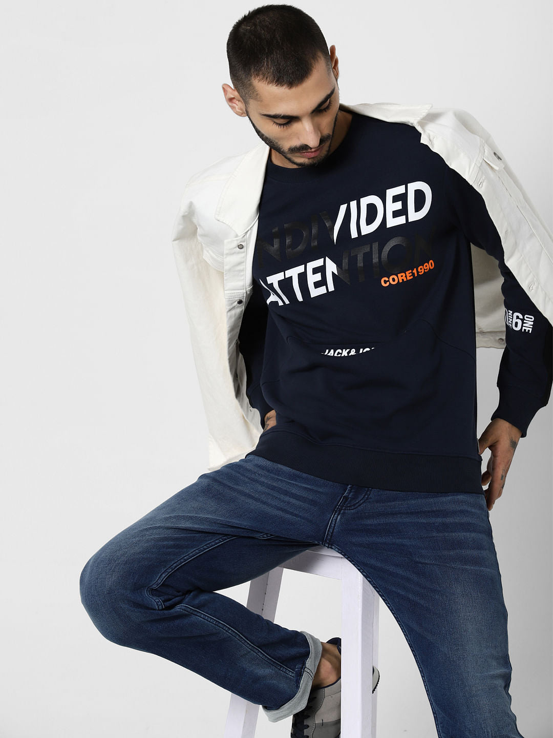 Navy Blue Text Print Sweatshirt - S