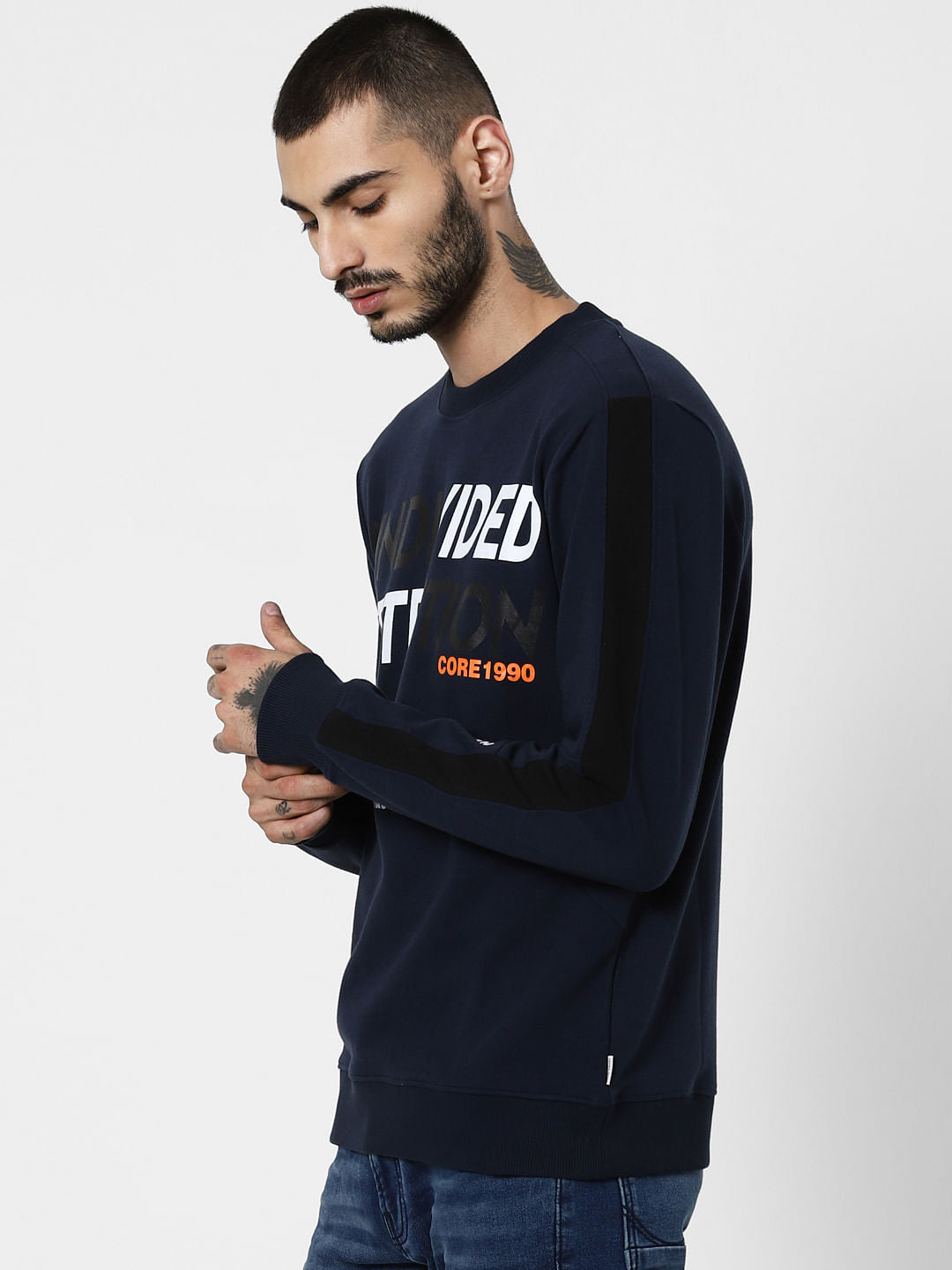 Navy Blue Text Print Sweatshirt
