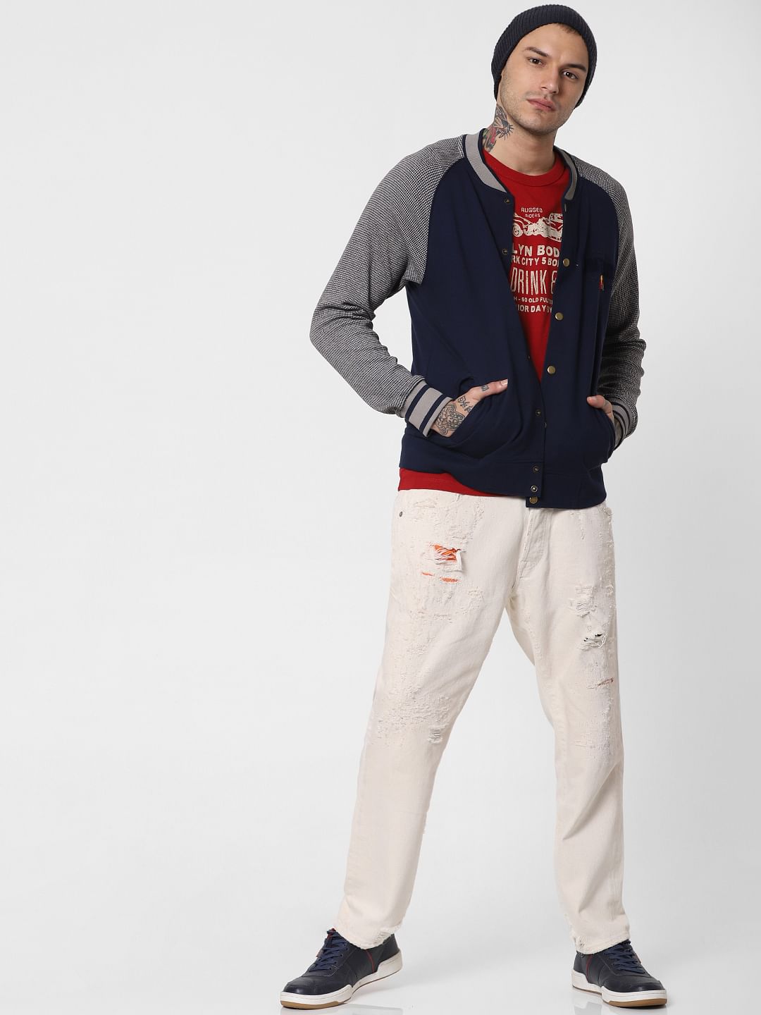 Blue Button Down Bomber Sweatshirt - S