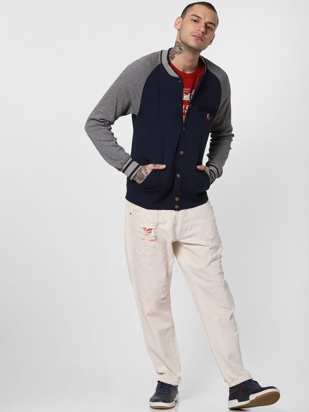 Blue Button Down Bomber Sweatshirt