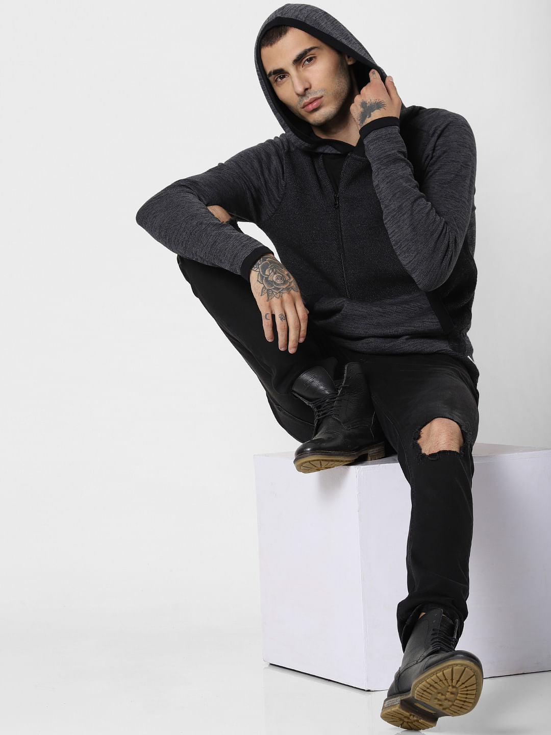Black Two Toned Hooded Cardigan - S