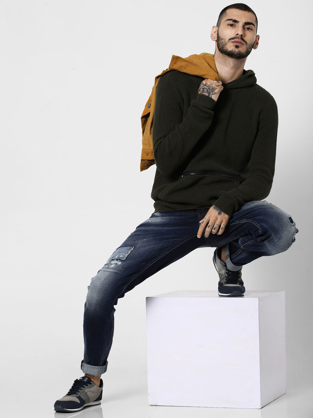Dark Green Textured Hooded Pullover - S