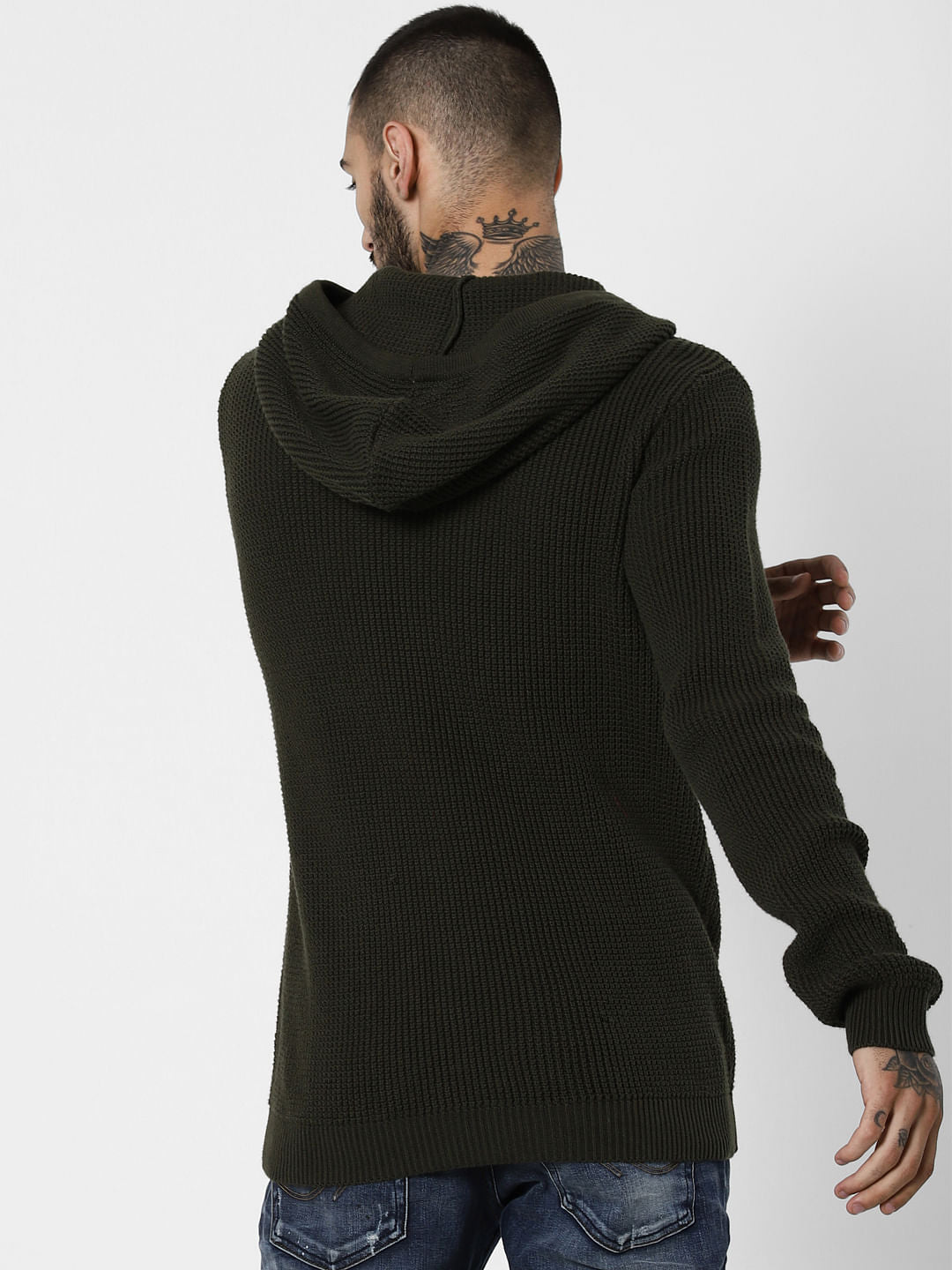 Dark Green Textured Hooded Pullover