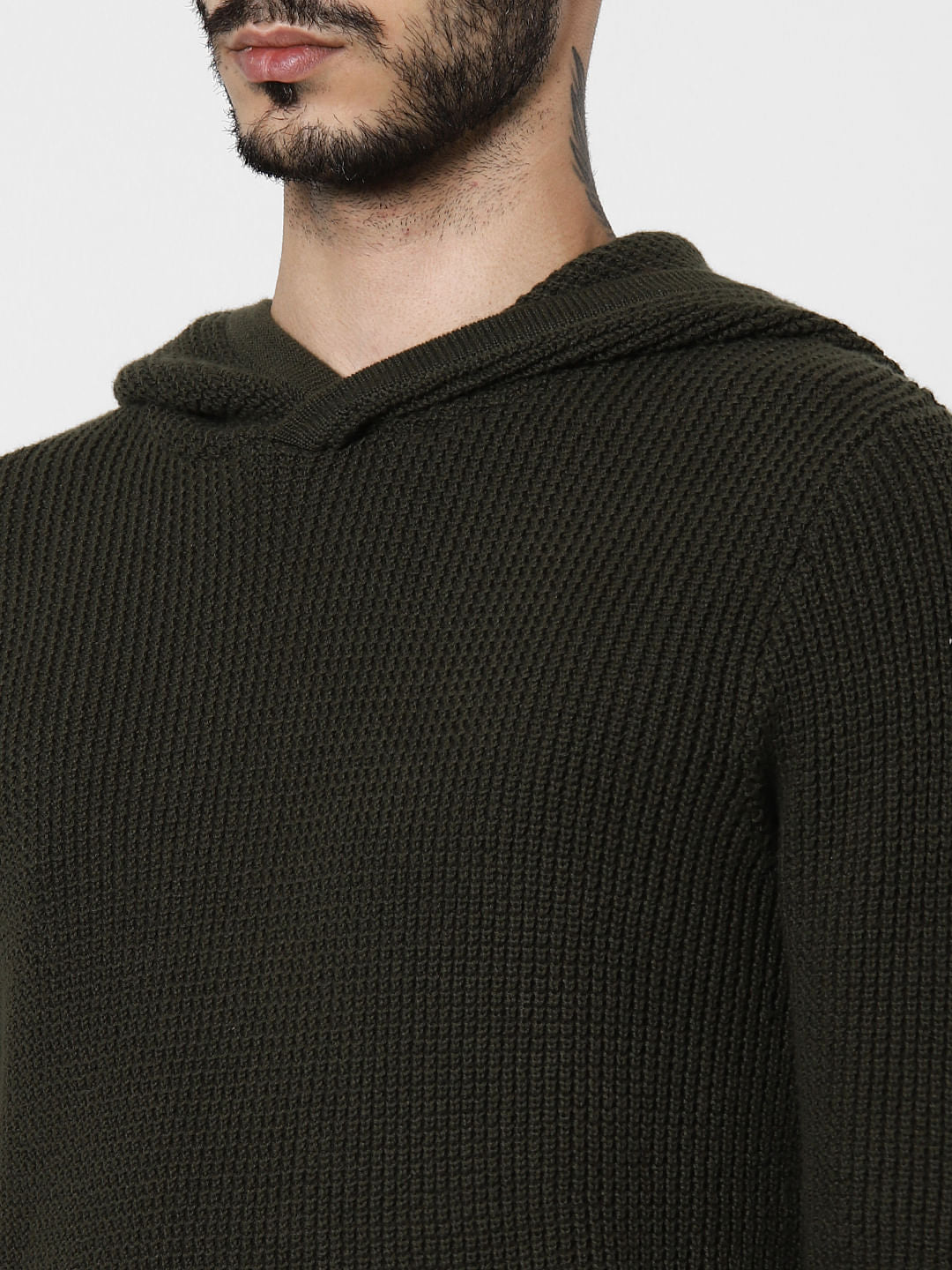 Dark Green Textured Hooded Pullover