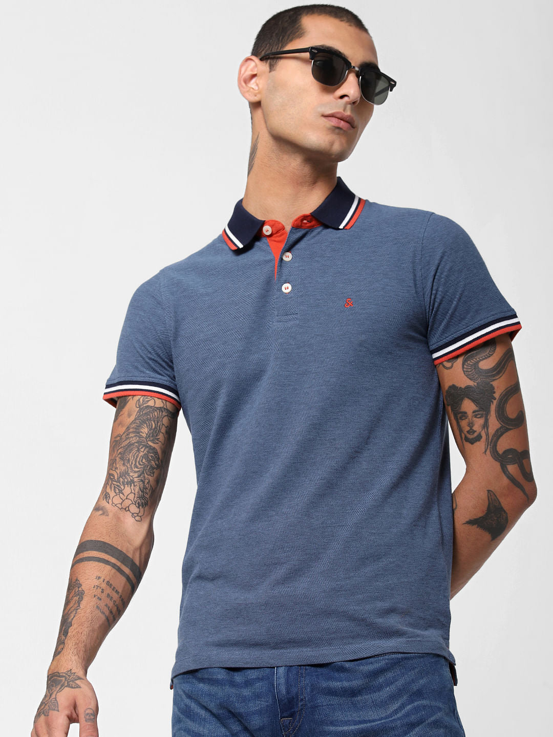 Blue Contrast Collar Polo T-shirt - S