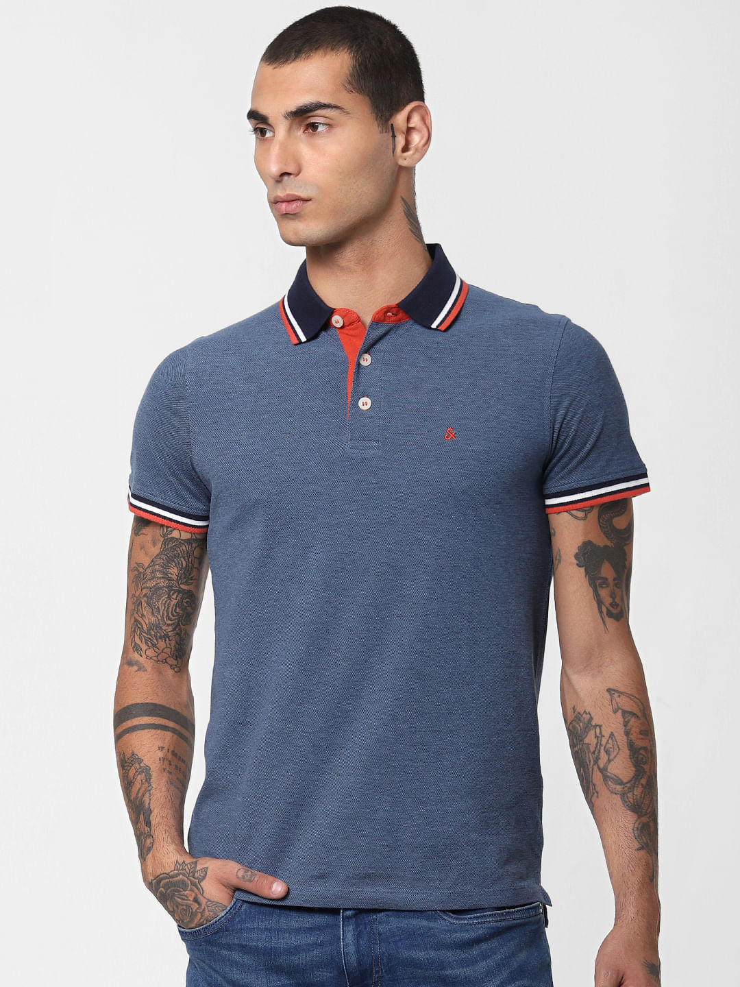 Blue Contrast Collar Polo T-shirt