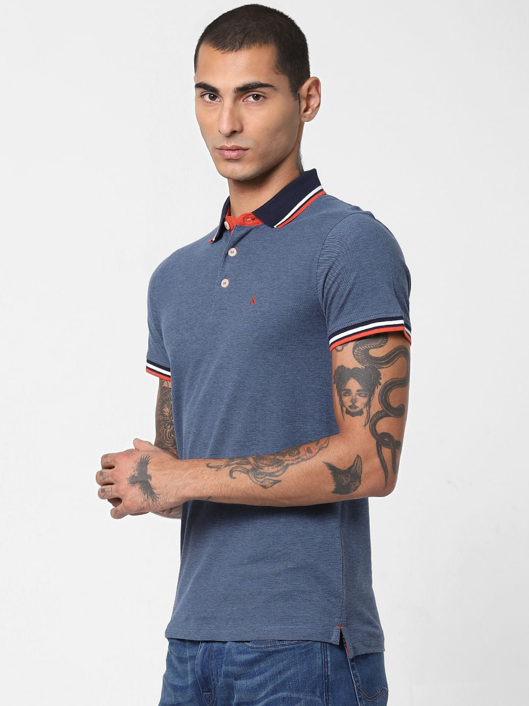 Blue Contrast Collar Polo T-shirt