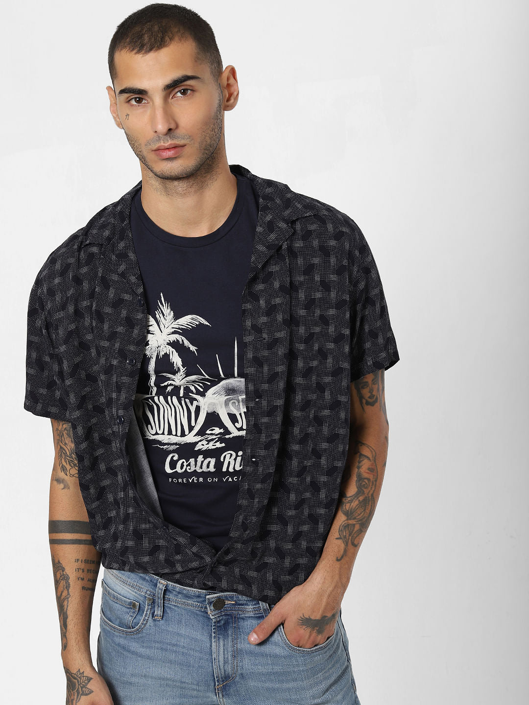 Navy Blue Graphic Print Crew Neck T-shirt - S