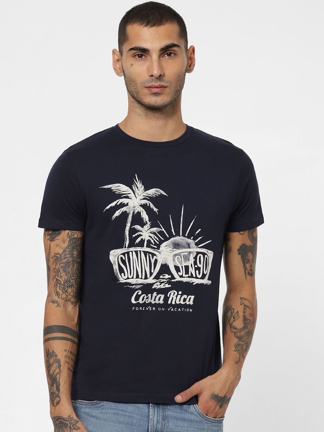 Navy Blue Graphic Print Crew Neck T-shirt