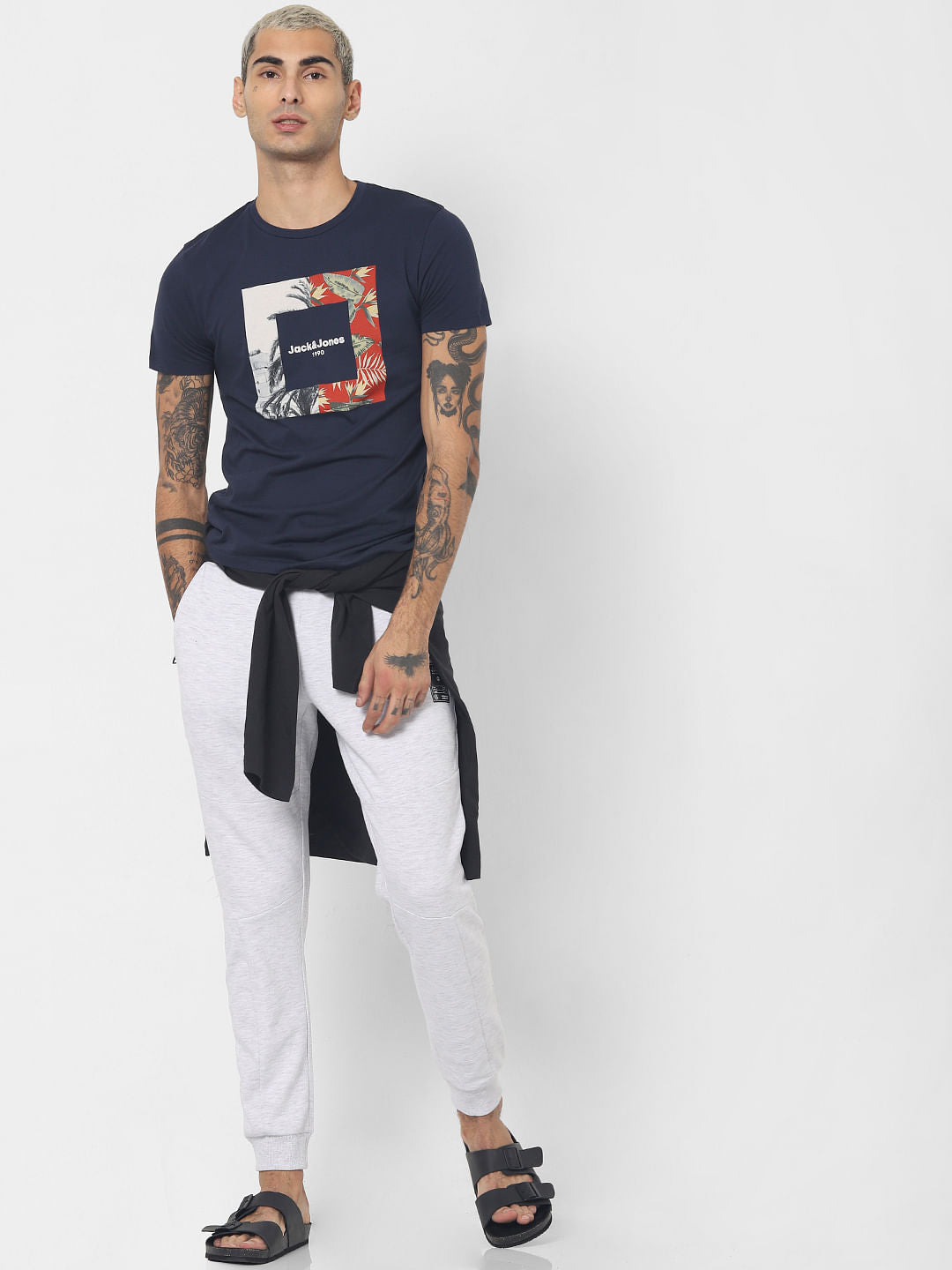 Navy Blue Graphic Print Crew Neck T-shirt - S