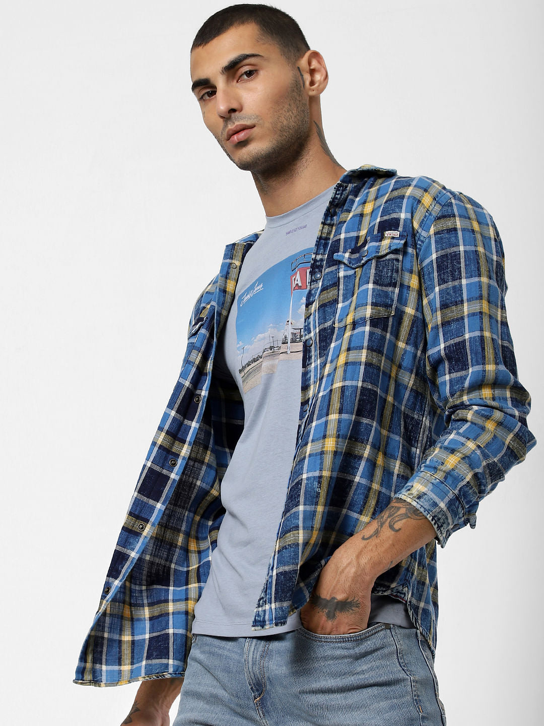 Blue Graphic Patch Crew Neck T-shirt - S
