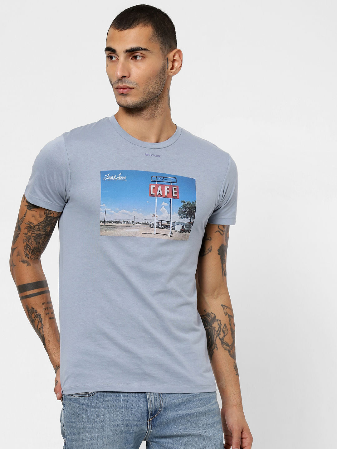 Blue Graphic Patch Crew Neck T-shirt