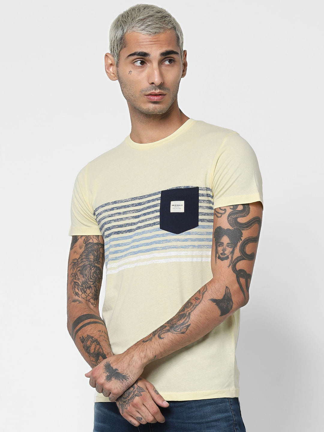 Light Yellow Striped Patch T-shirt