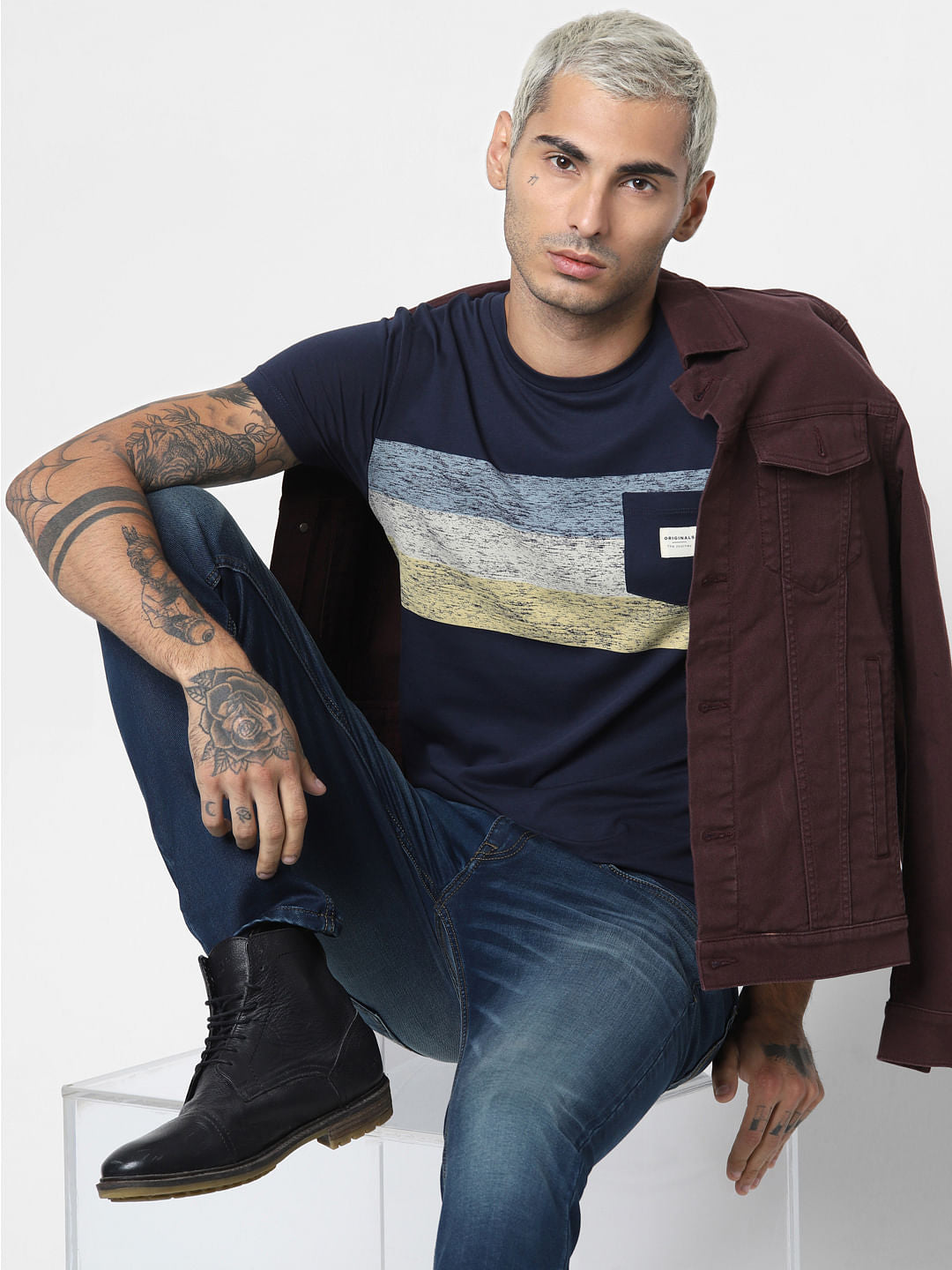 Navy Blue Patch Print Crew Neck T-shirt - S