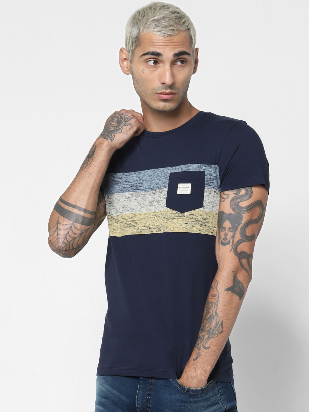 Navy Blue Patch Print Crew Neck T-shirt