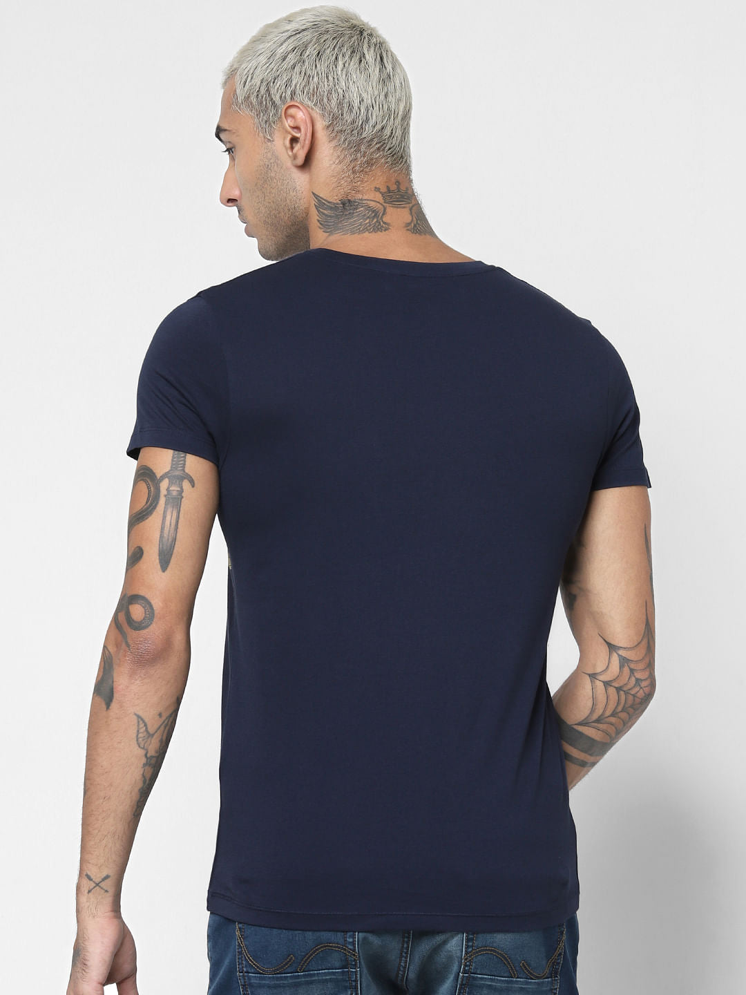 Navy Blue Patch Print Crew Neck T-shirt