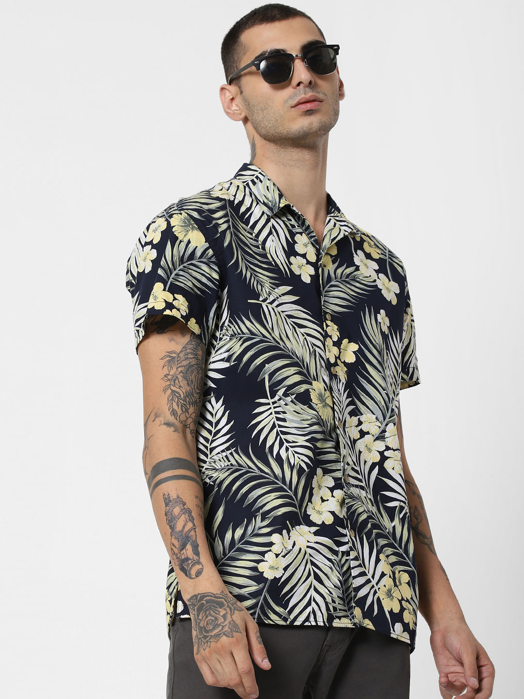 Blue Tropical Print Short Sleeves Shirt - S