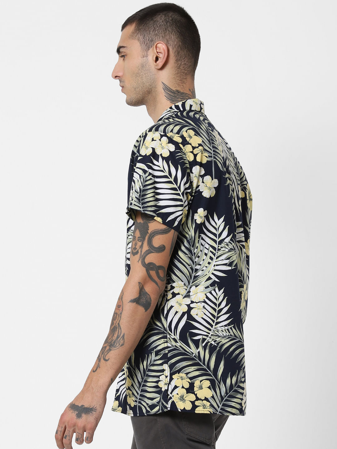 Blue Tropical Print Short Sleeves Shirt