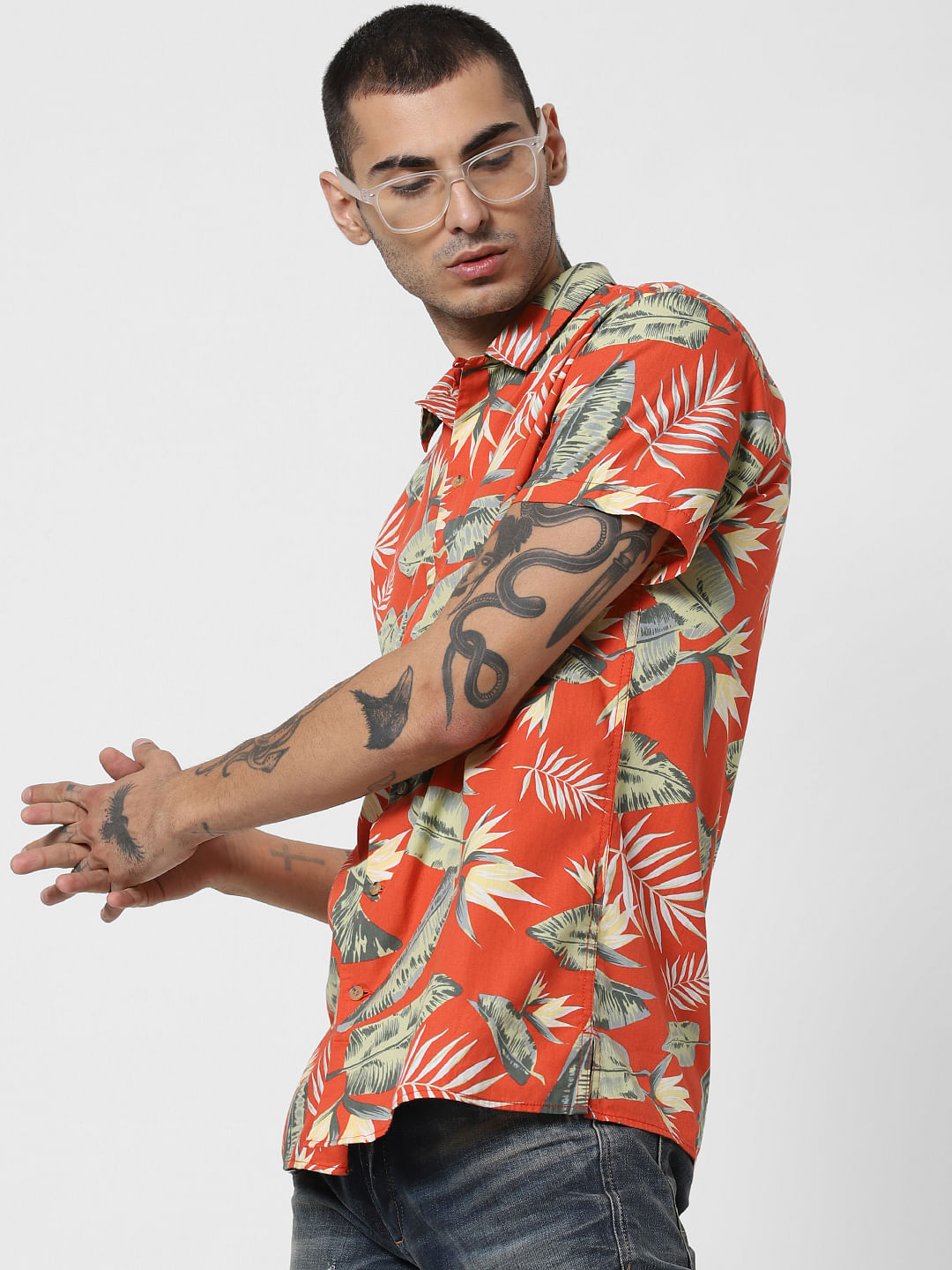 Red Tropical Print Short Sleeves Shirt - S