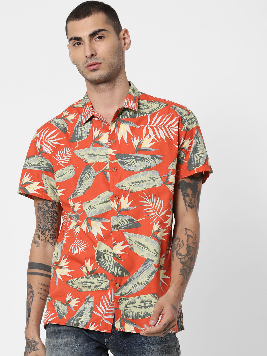 Red Tropical Print Short Sleeves Shirt