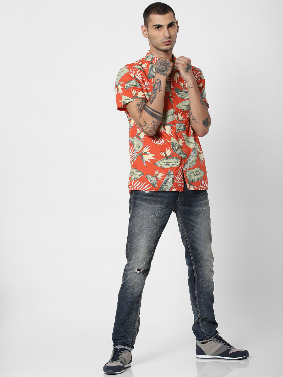 Red Tropical Print Short Sleeves Shirt