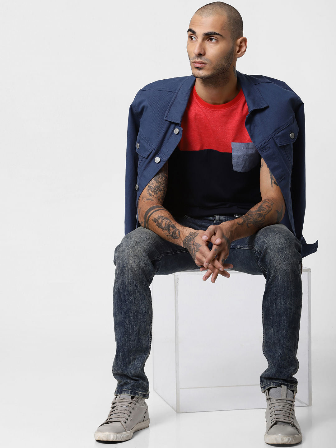 Red Colourblocked Crew Neck T-shirt - S