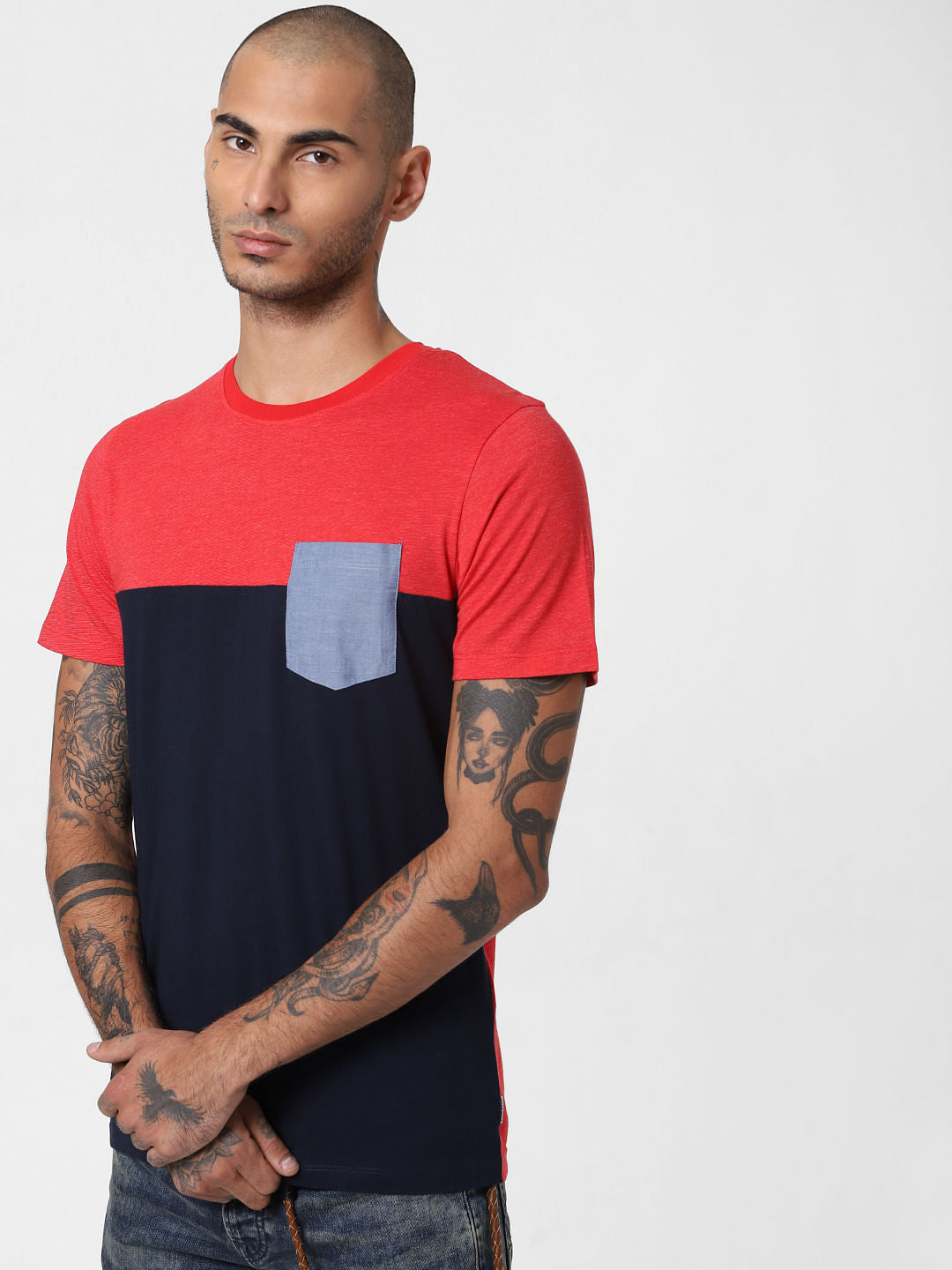 Red Colourblocked Crew Neck T-shirt
