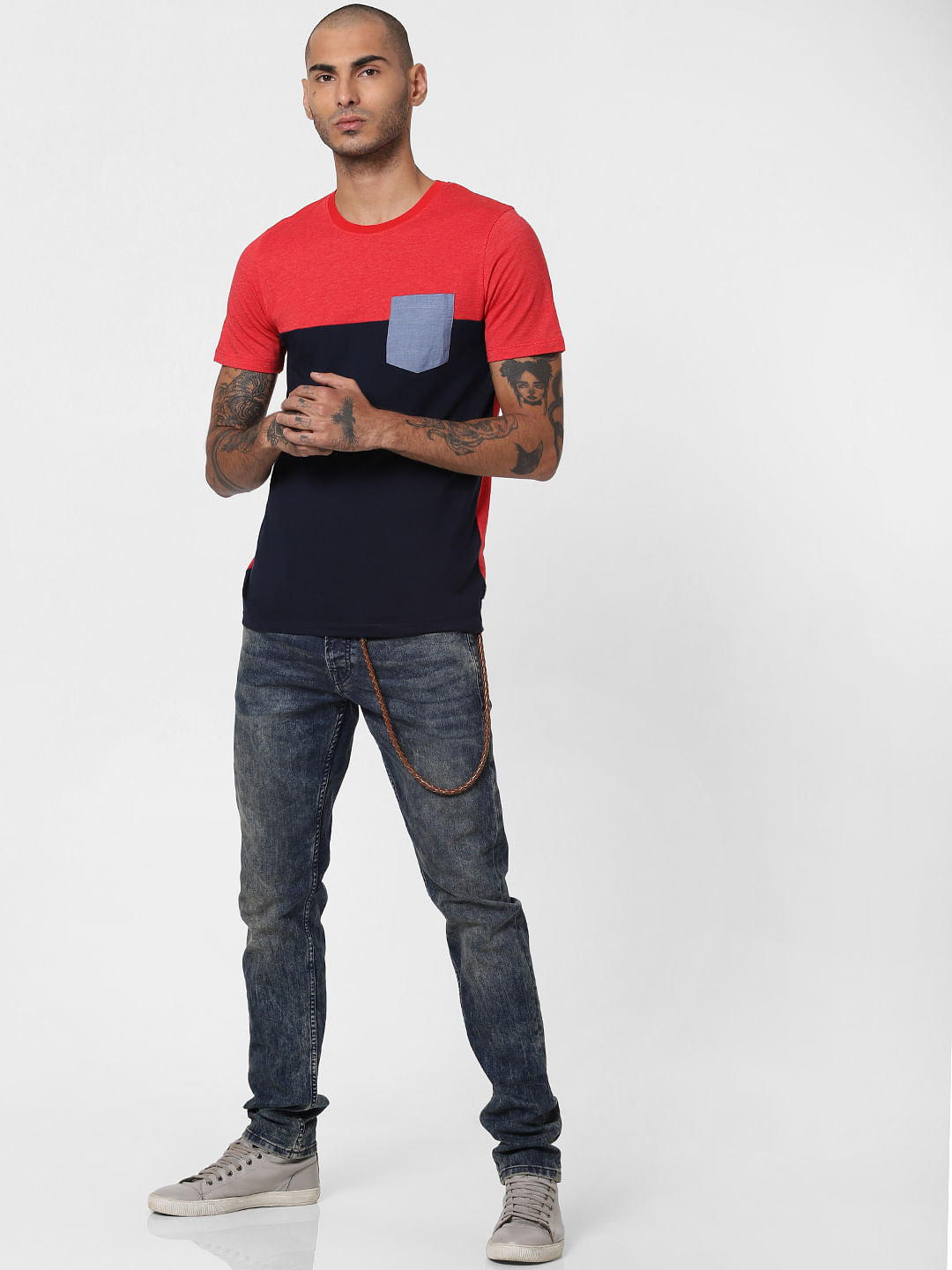 Red Colourblocked Crew Neck T-shirt
