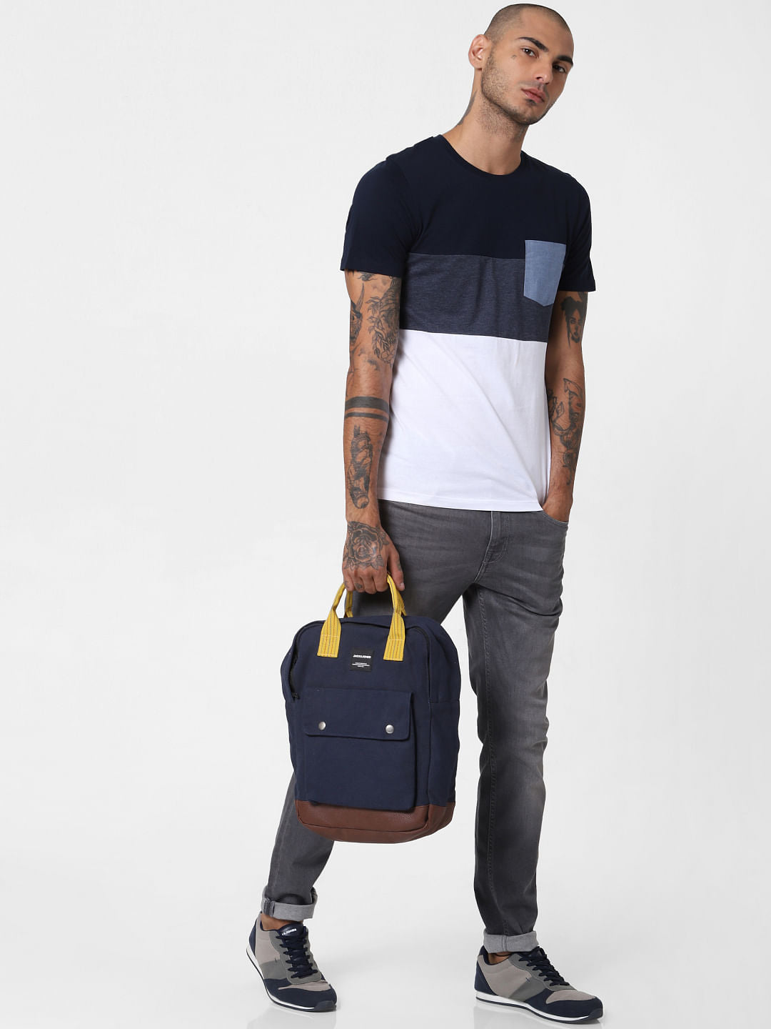 Blue Colourblocked Crew Neck T-shirt - S