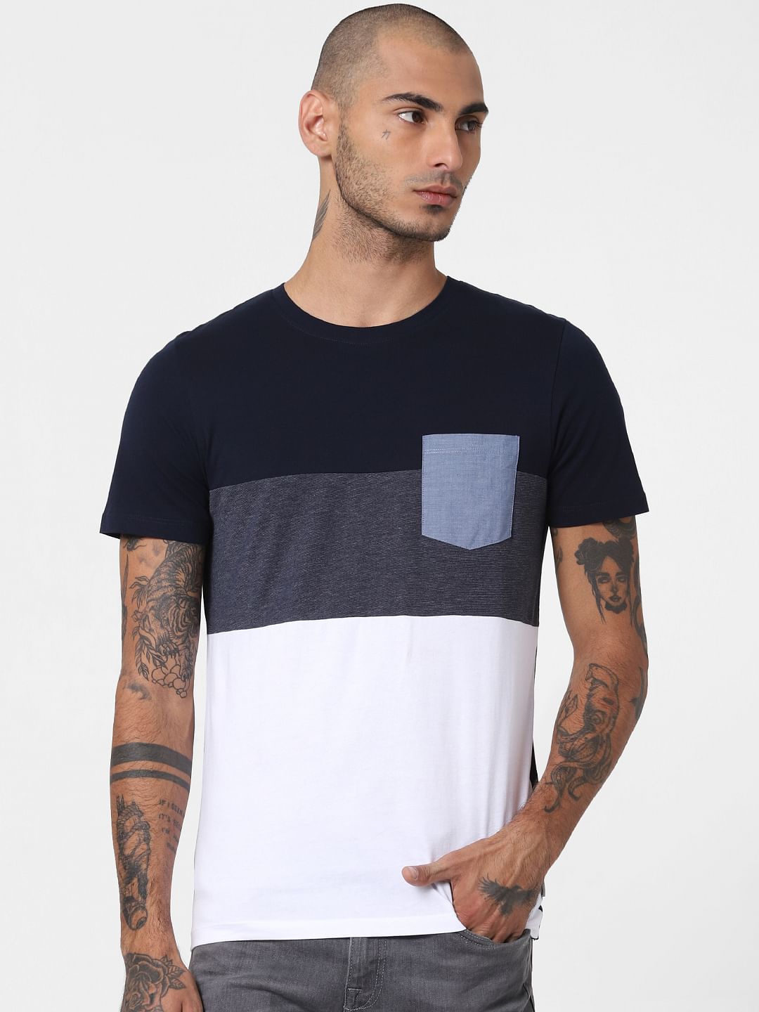 Blue Colourblocked Crew Neck T-shirt