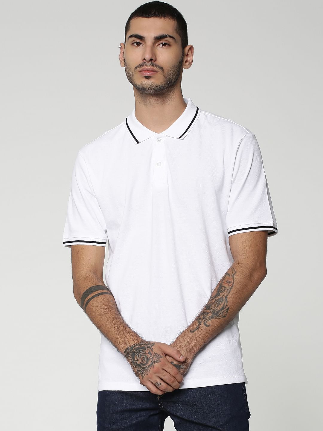 White Contrast Tipping Polo Neck T-shirt - XS