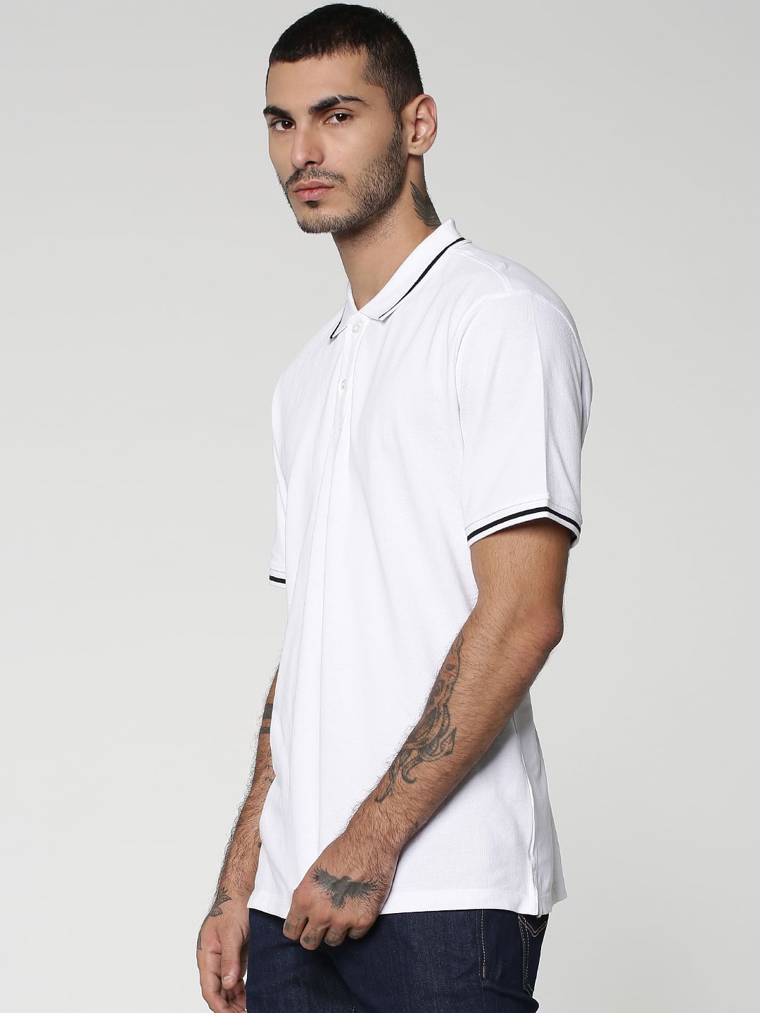 White Contrast Tipping Polo Neck T-shirt