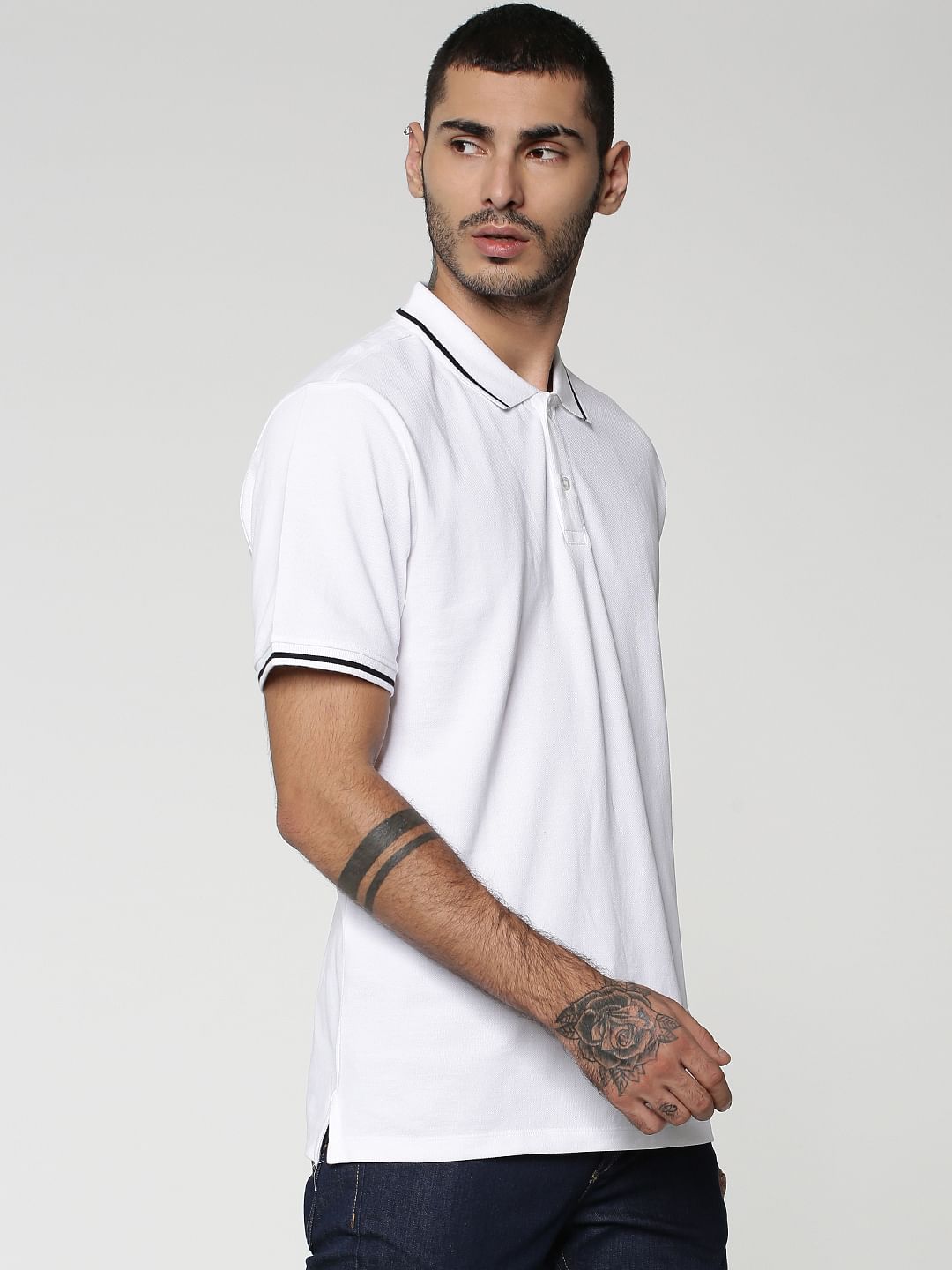 White Contrast Tipping Polo Neck T-shirt