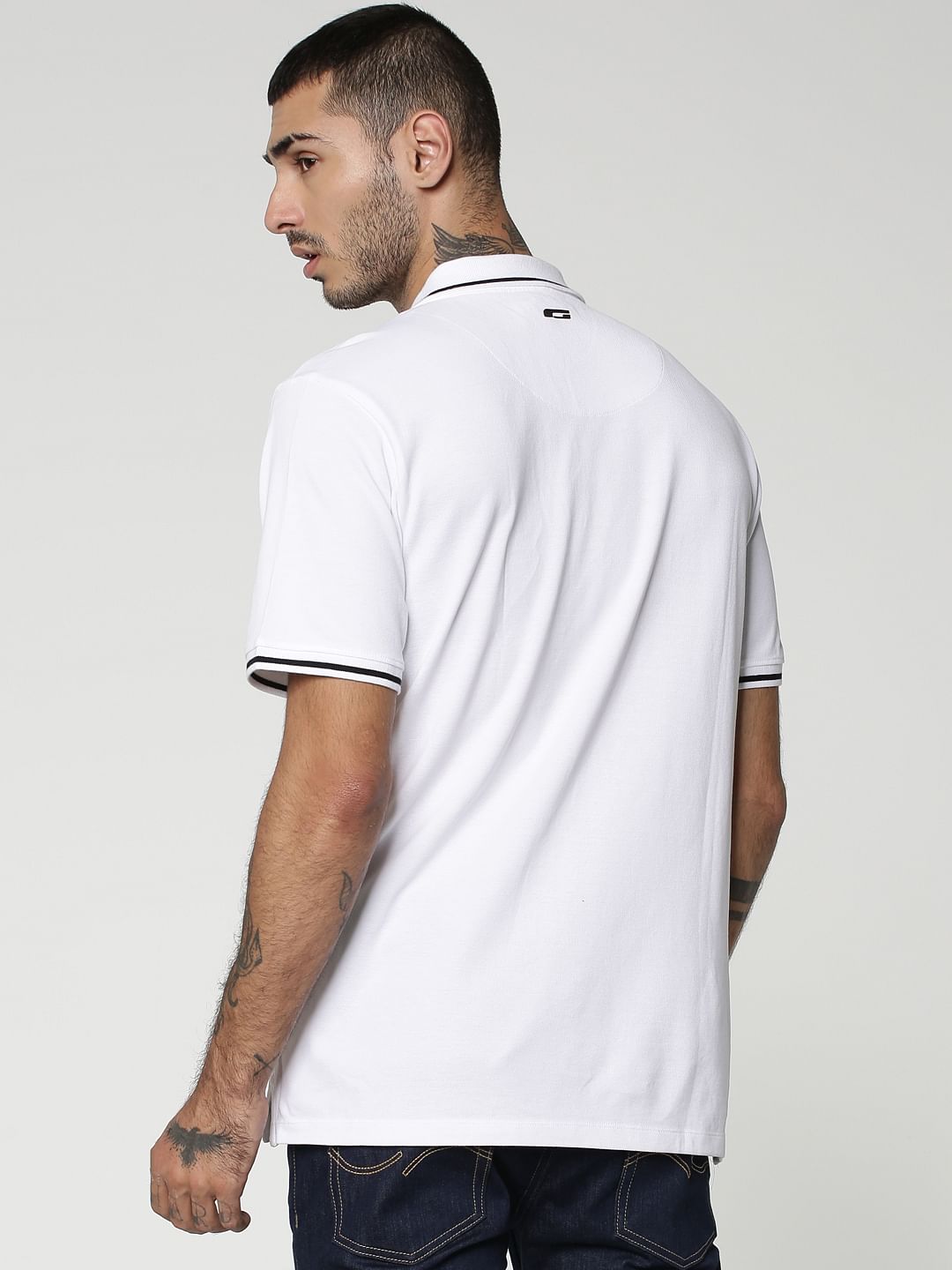 White Contrast Tipping Polo Neck T-shirt
