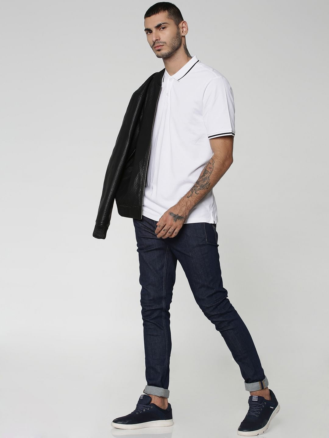 White Contrast Tipping Polo Neck T-shirt
