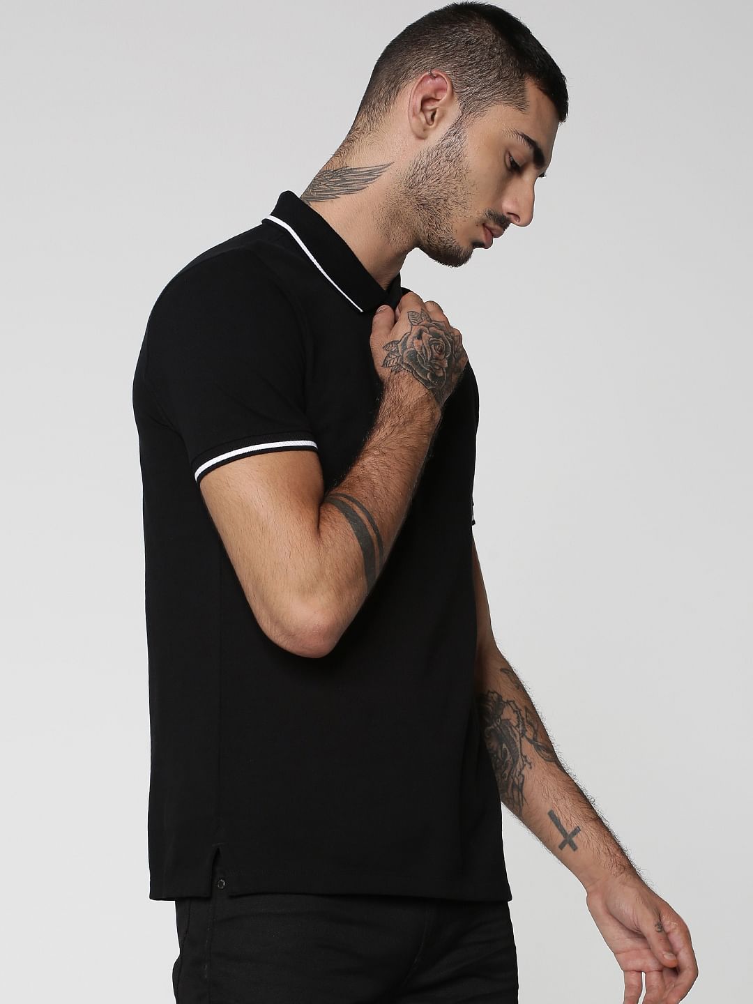 Black Contrast Tipping Polo Neck T-shirt