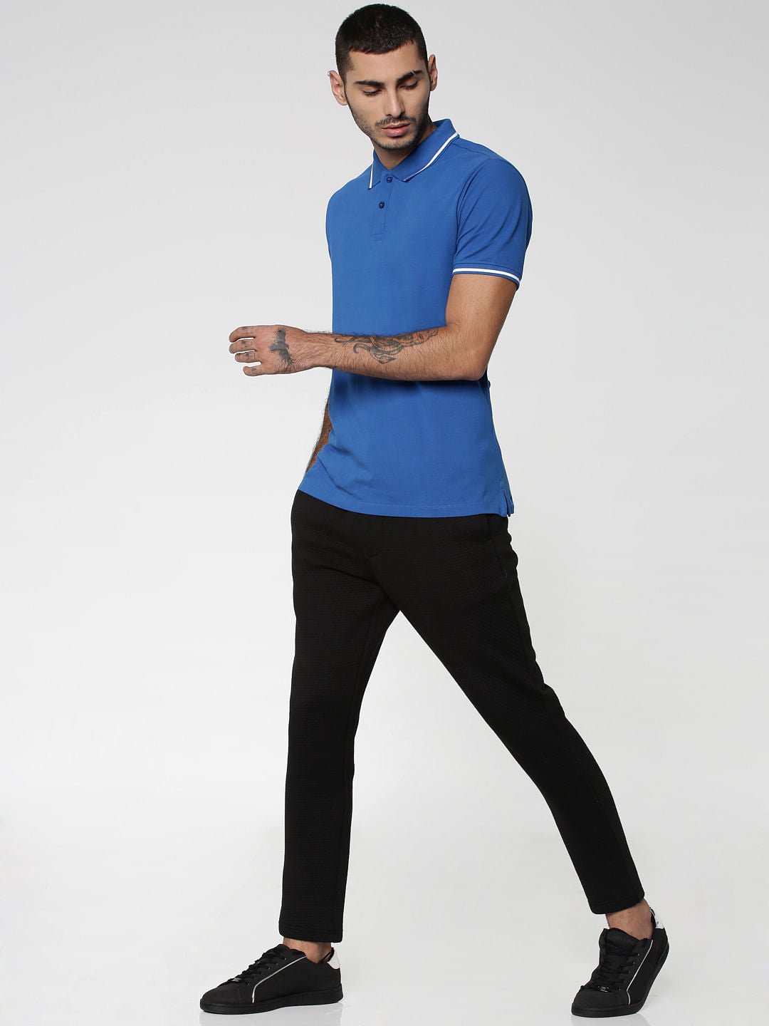Blue Contrast Tipping Polo Neck T-shirt - XS