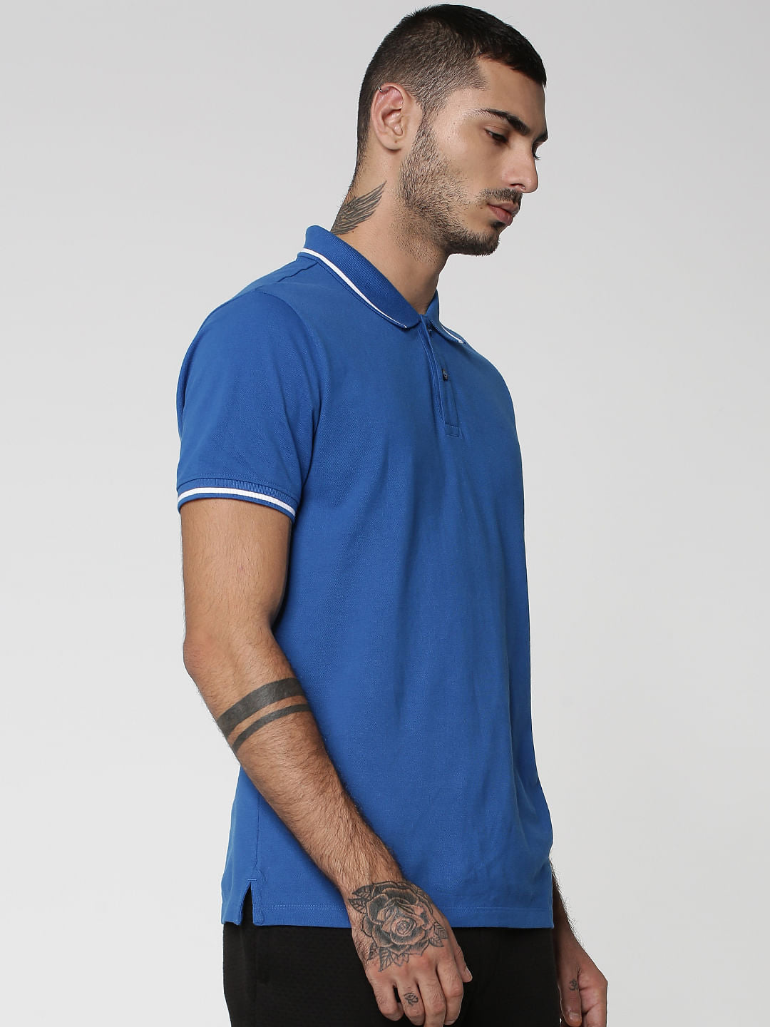 Blue Contrast Tipping Polo Neck T-shirt