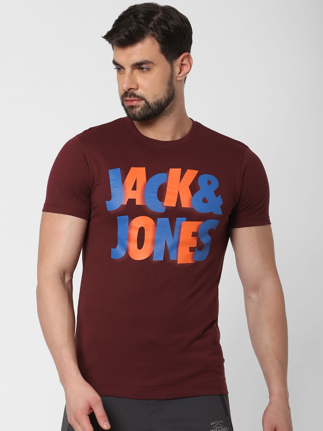Burgundy Logo Print Crew Neck T-Shirt Online in India - Flat 20% Off - S