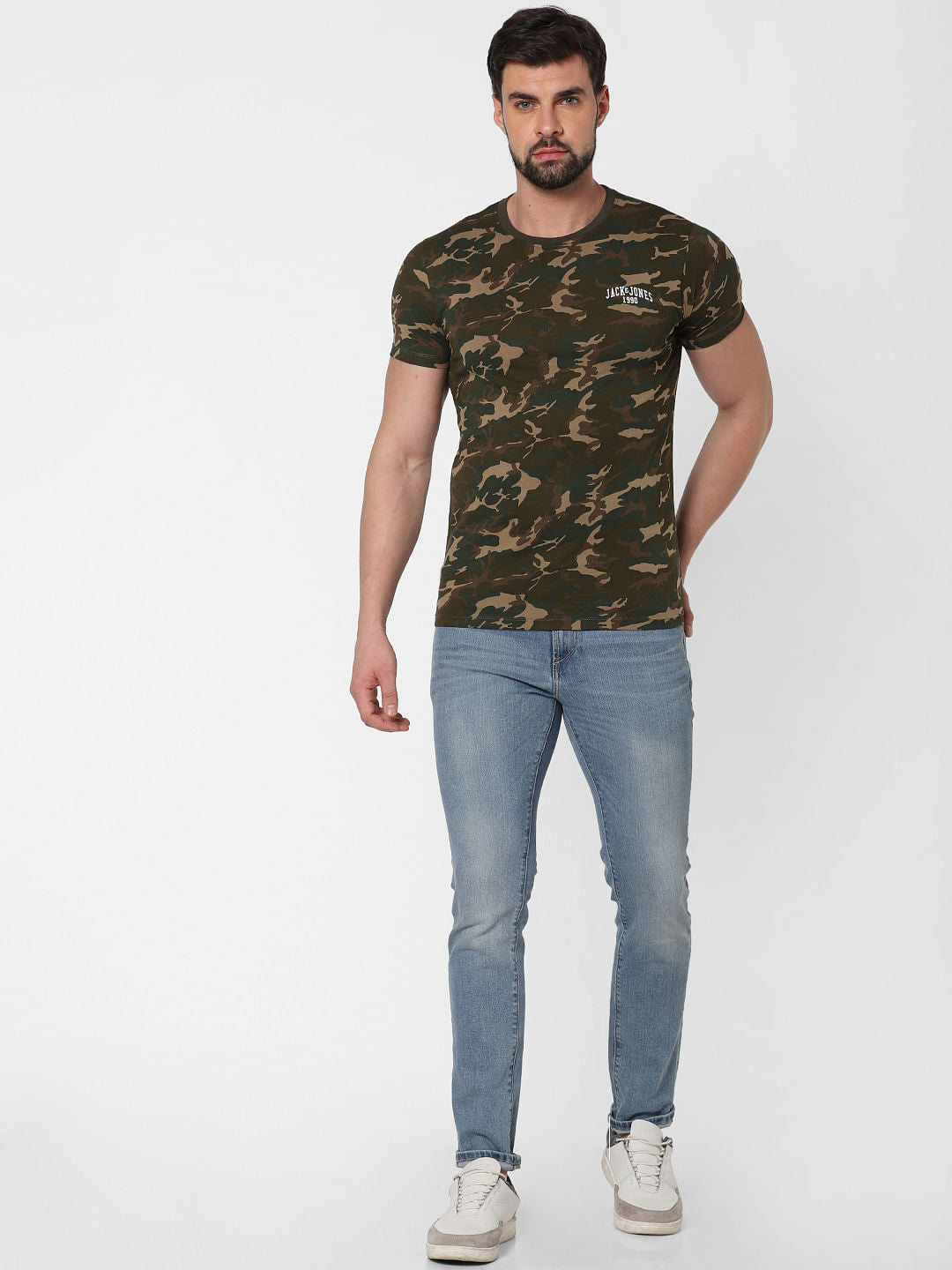 Green Camo Print Crew Neck T-Shirt - S