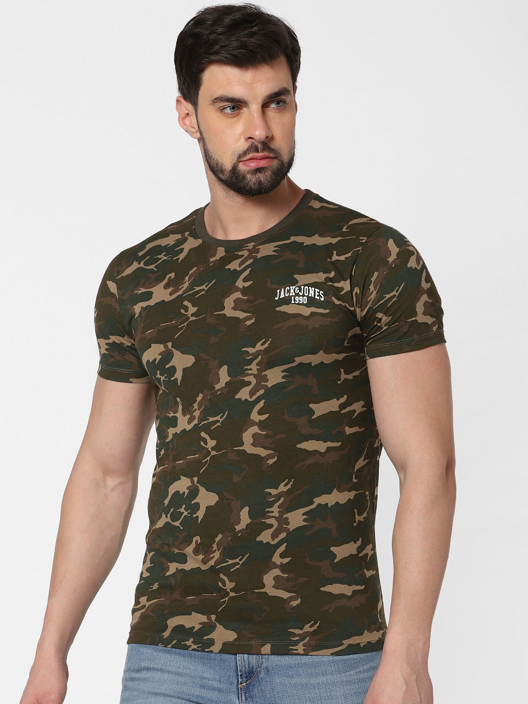 Green Camo Print Crew Neck T-Shirt
