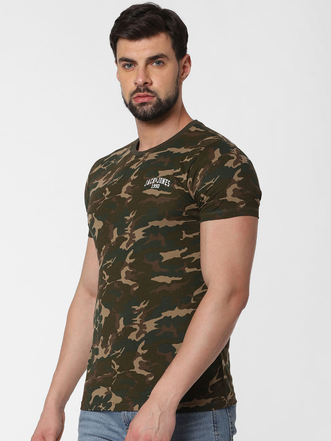Green Camo Print Crew Neck T-Shirt