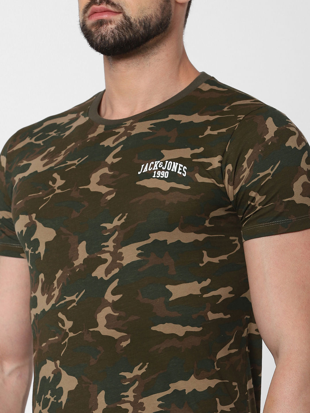 Green Camo Print Crew Neck T-Shirt