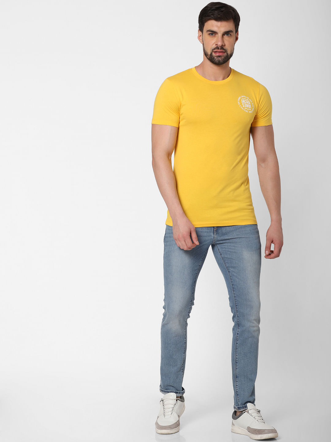 Yellow Logo Print Crew Neck T-Shirt Online in India - Flat 20% Off - S