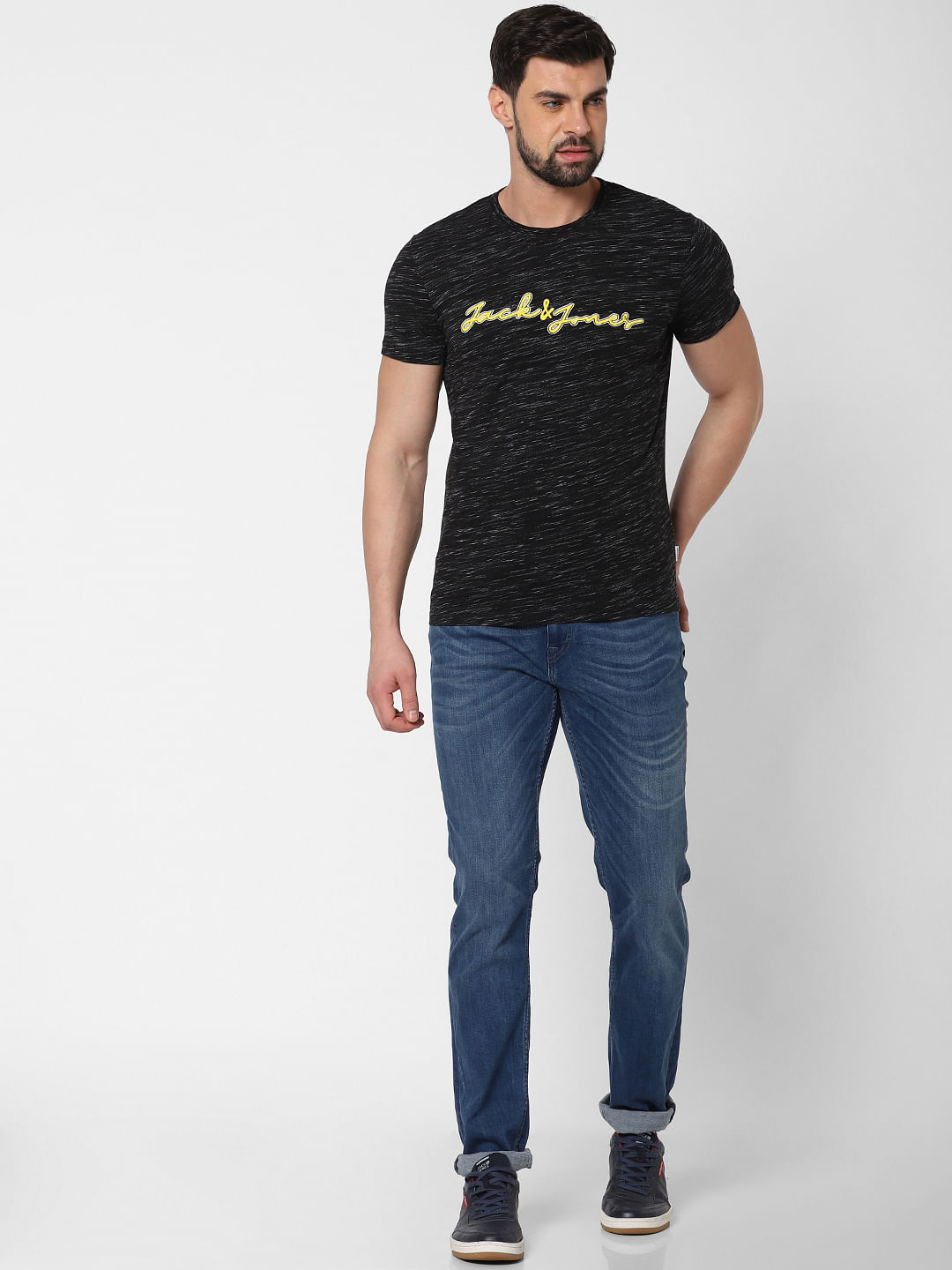 Black Logo Print Crew Neck T-Shirt Online in India - Flat 20% Off - S