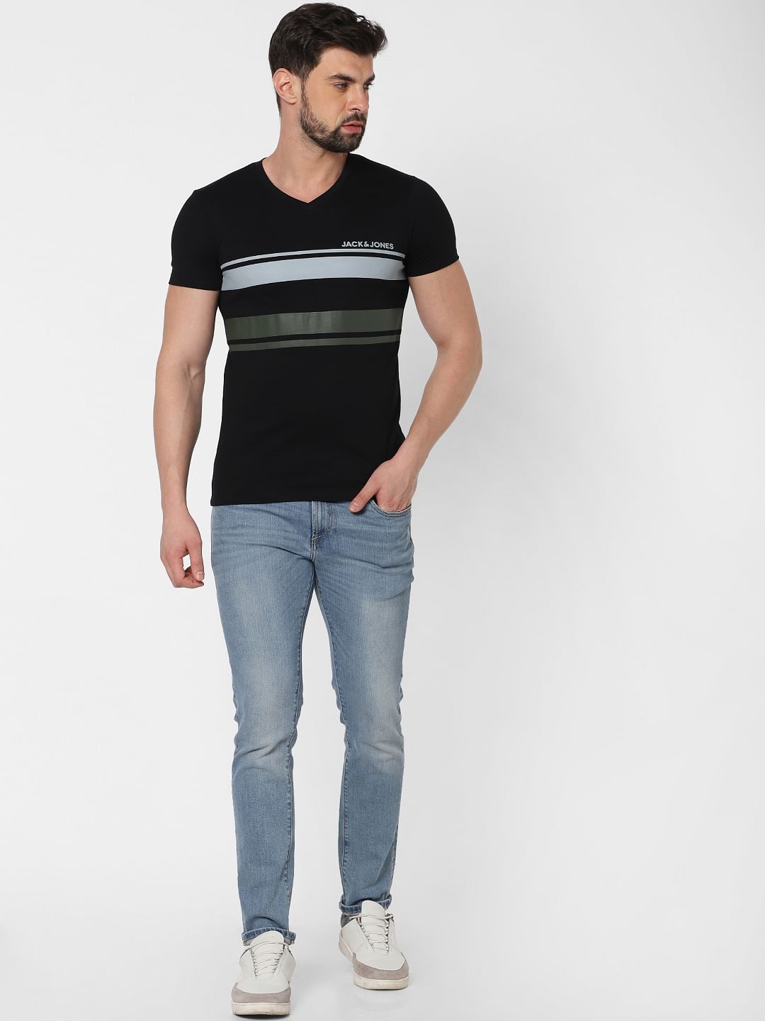 Black Striped Patch V Neck T-Shirt Online in India - Flat 20% Off - S