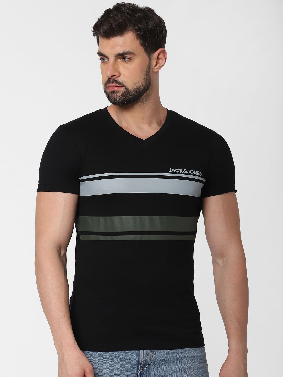 Black Striped Patch V Neck T-Shirt Online in India - Flat 20% Off