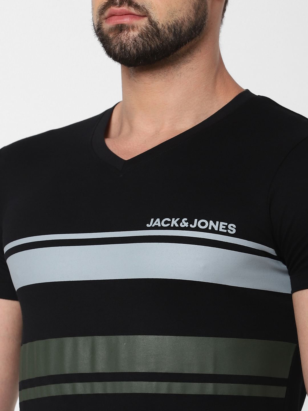 Black Striped Patch V Neck T-Shirt Online in India - Flat 20% Off