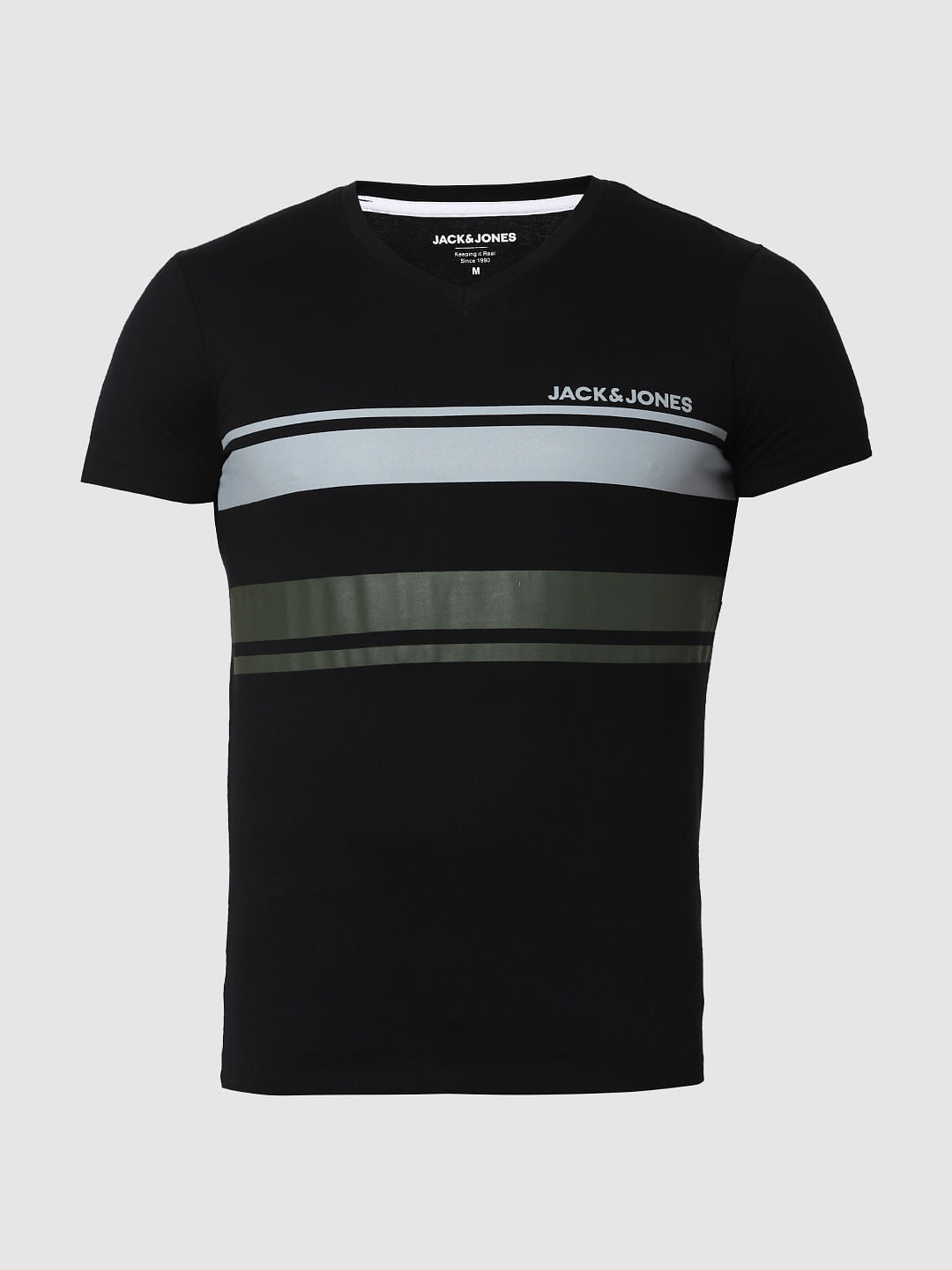 Black Striped Patch V Neck T-Shirt Online in India - Flat 20% Off