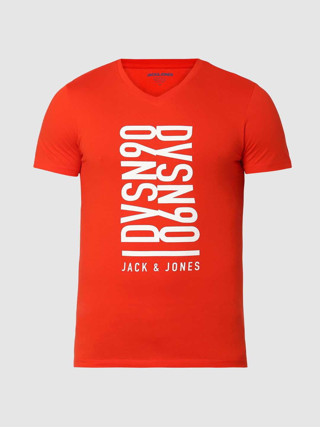 Red Text Print V Neck T-Shirt Online in India - Flat 20% Off